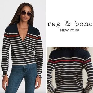 Rag & Bone Ann Women's Cashmere Cotton Navy, White, and Red Striped Cardigan